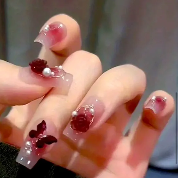 Rose Butterfly cover with White Pearl Press on nail nude color - Picture 3 of 5